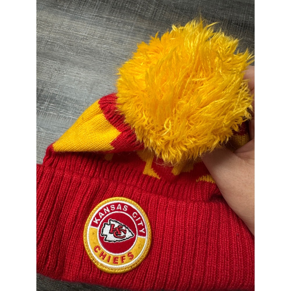 New Era Kansas City Chiefs Beanie Hat Red Yellow Pom NFL Fleece Lined Knit Cap